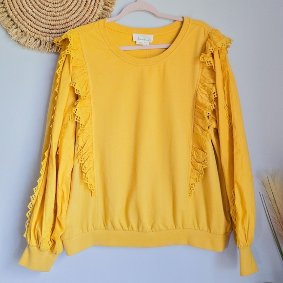 Anthropologie, New, Marigold Yellow Eyelet Ruffle Sleeve Sweatshirt Top SZ XL - Picture 11 of 14